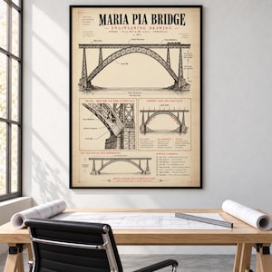 May include: A framed engineering drawing print of the Maria Pia Bridge in Porto, Portugal. The poster features technical diagrams, structural details, and annotations in black ink on a beige background, showcasing the arch rib and load path.