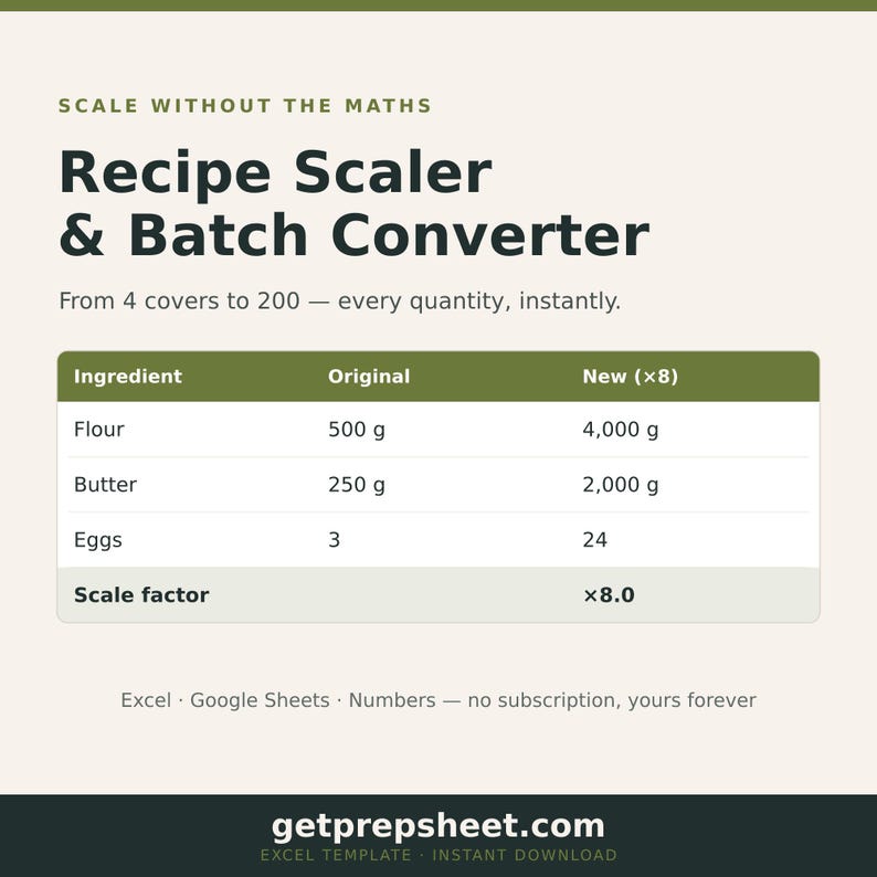 Puede incluir: Una plantilla digital de escalador de recetas y conversor de lotes con una tabla que muestra ingredientes, cantidades originales y nuevas cantidades multiplicadas por ocho. El texto incluye Scale Without The Maths, Recipe Scaler & Batch Converter y getprepsheet.com.