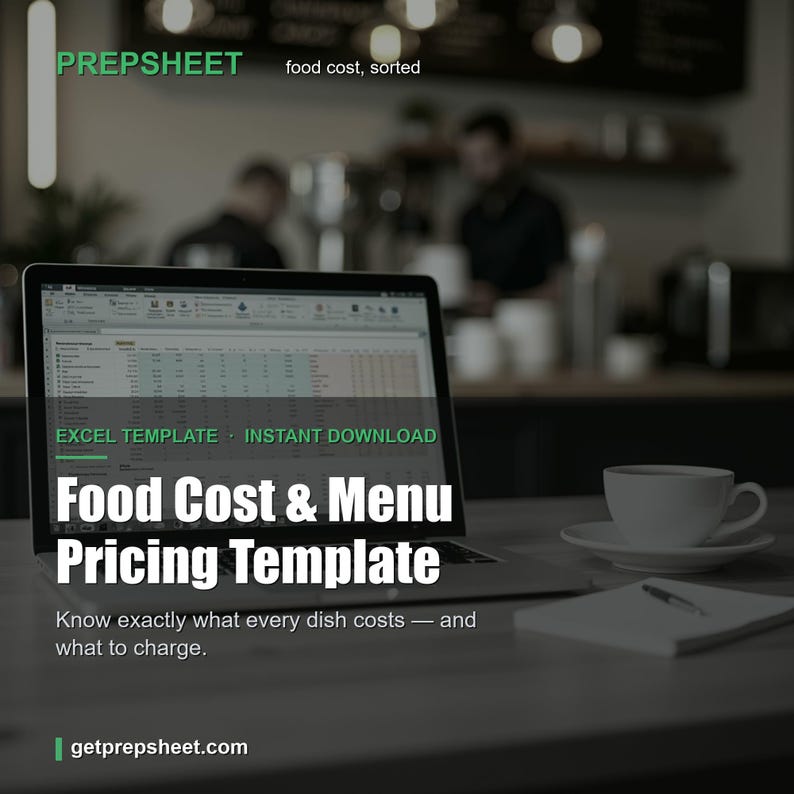 K&ouml;nnte beinhalten: Ein Laptop mit einer Excel-Tabelle mit dem Titel Food Cost & Menu Pricing Template. Auf dem Bildschirm steht der Text PREPSHEET, food cost, sorted, EXCEL TEMPLATE, INSTANT DOWNLOAD und Know exactly what every dish costs &mdash; and what to charge.