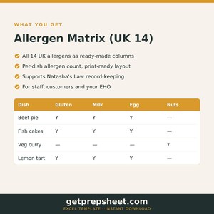 Puede incluir: Una plantilla digital Allergen Matrix (UK 14) que presenta una tabla con columnas para Dish, Gluten, Milk, Egg y Nuts. El documento enumera platos como beef pie y fish cakes con indicadores Y o guiones. El texto incluye What You Get.