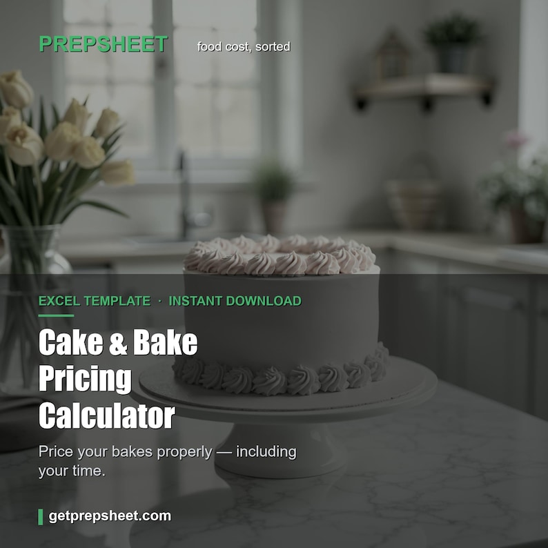 Puede incluir: Un pastel con glaseado blanco y bordes decorados sobre un soporte. El texto dice: PREPSHEET food cost, sorted, EXCEL TEMPLATE INSTANT DOWNLOAD, Cake & Bake Pricing Calculator, Price your bakes properly &mdash; including your time, getprepsheet.com.