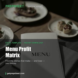 Puede incluir: Una plantilla digital de Excel titulada Menu Profit Matrix con el texto PREPSHEET, food cost, sorted, EXCEL TEMPLATE, INSTANT DOWNLOAD y Find the dishes that make &mdash; and lose &mdash; you money. El fondo muestra platos de comida en una mesa.