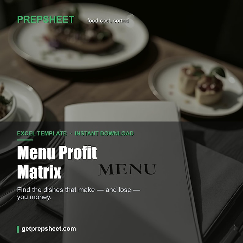 Puede incluir: Una plantilla digital de Excel titulada Menu Profit Matrix con el texto PREPSHEET, food cost, sorted, EXCEL TEMPLATE, INSTANT DOWNLOAD y Find the dishes that make &mdash; and lose &mdash; you money. El fondo muestra platos de comida en una mesa.