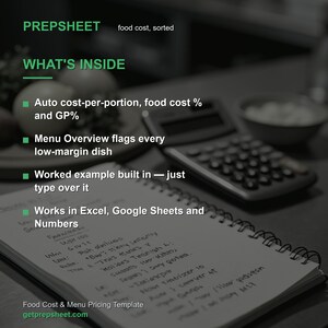 K&ouml;nnte beinhalten: Ein digitales Dokument mit dem Titel PREPSHEET food cost, sorted, das eine Liste von Funktionen enth&auml;lt, darunter automatische Kosten pro Portion, Lebensmittelkostenprozentsatz, Bruttogewinnprozentsatz, Men&uuml;-&Uuml;bersicht-Flags und Kompatibilit&auml;t mit Excel, Google Sheets und Numbers.