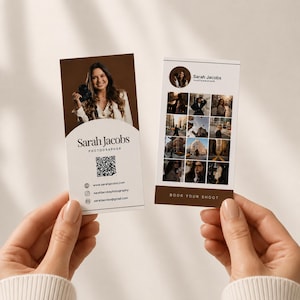 May include: Two vertical business cards for a photographer named Sarah Jacobs. The left card features a portrait, the name, a QR code, and contact details. The right card displays a grid of nine small photographs and the text Book Your Shoot.