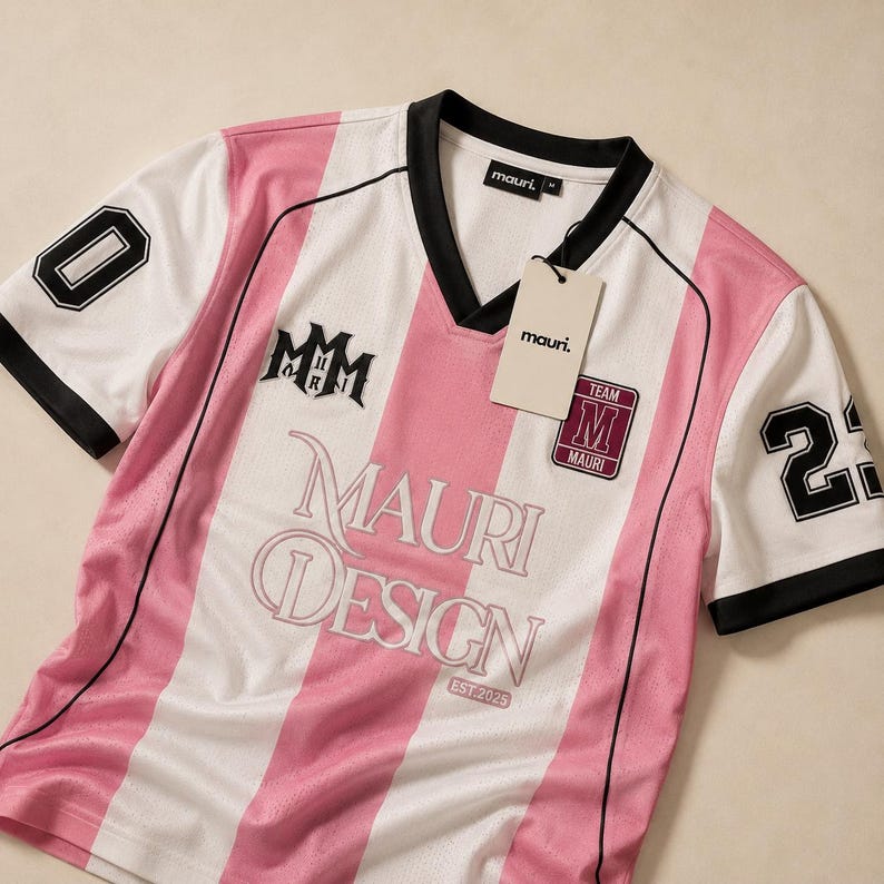 May include: A short-sleeved V-neck jersey with vertical pink and white stripes, black trim, and the text Mauri Design Est. 2025. The sleeves feature the numbers 0 and 23 in black. A white tag with the text mauri. is attached to the collar.