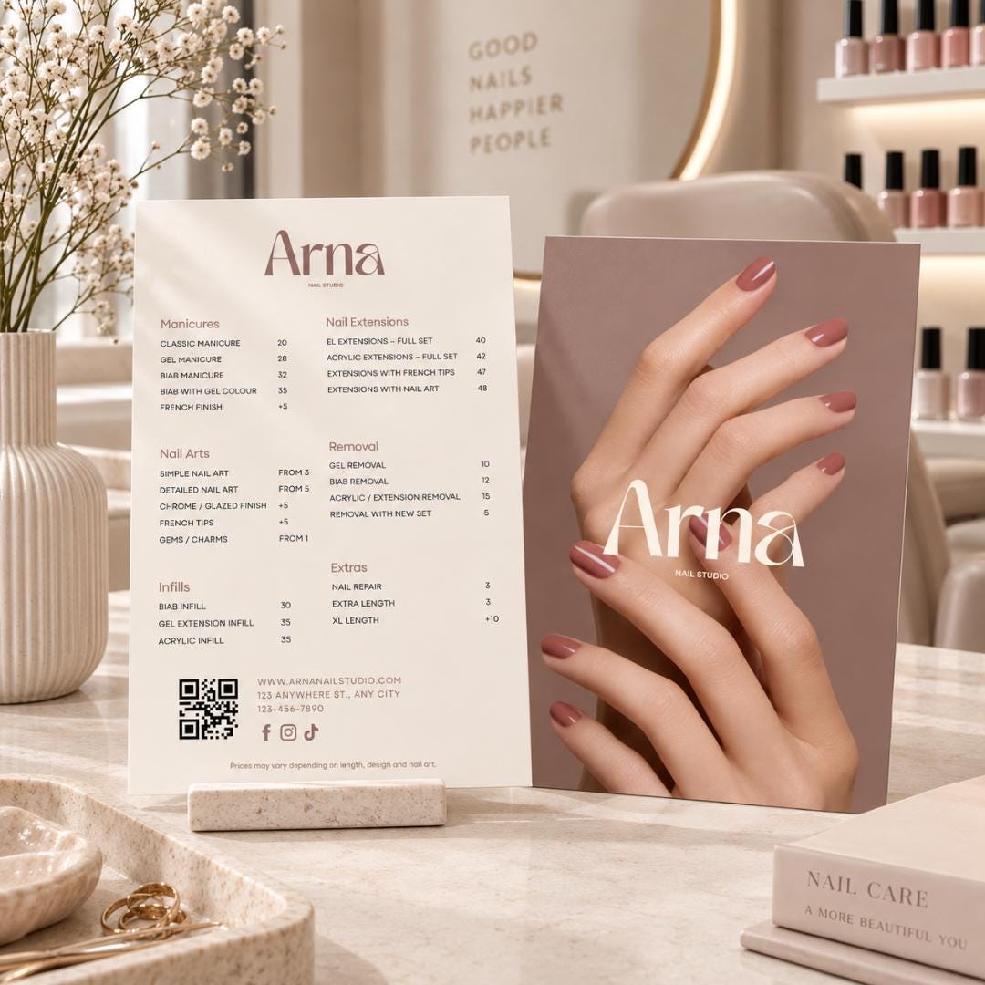 Editable Canva Nail Salon Price List Template | A4 Service Menu ...