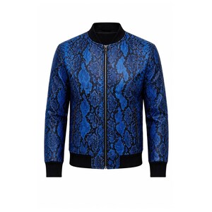 Men's Snakeskin Bomber Jacket, Python Print Leather Streetwear Coat