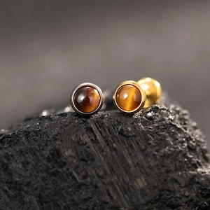 May include: A pair of stud earrings featuring round, polished tiger's eye gemstones. One earring is set in a silver-toned metal bezel, while the other is set in a gold-toned metal bezel, both displaying the characteristic chatoyant brown bands.