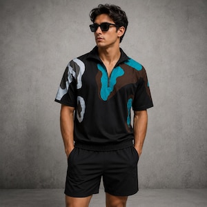 Op de afbeelding: Een zwart poloshirt met korte mouwen, een kwartritssluiting en een abstract patroon in teal, bruin en lichtgrijs, gecombineerd met een effen zwarte korte broek. Het shirt heeft een omgeslagen kraag en een relaxte pasvorm, de broek is zwart.