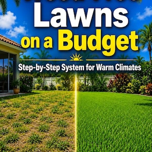 May include: A book cover titled Weed-Free Lawns on a Budget: Step-by-Step System for Warm Climates by Peeter Jakobson, M.D. The image shows a split-screen comparison of a weed-filled lawn on the left and a lush, green, weed-free lawn on the right.