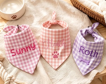 Pañuelo para perro de cuadros vichy bordado a medida: accesorio personalizado para el cuello de la mascota, bufanda de algodón y lino, pañuelo para perro de cuadros vichy bordado a medida para colocar sobre el collar.