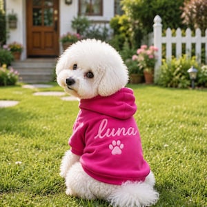 Puede incluir: Un perro blanco y esponjoso lleva una sudadera con capucha de color rosa brillante. La parte posterior de la sudadera muestra el nombre luna escrito en una fuente cursiva blanca sobre un gráfico de huella de pata blanca en el césped verde.