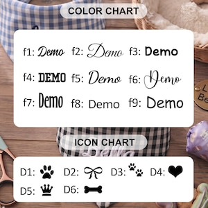May include: A white rectangular chart displaying font options labeled f1 through f9 with the word Demo in various styles, and an icon chart labeled D1 through D6 featuring black symbols including a paw print, bow, heart, crown, and bone.
