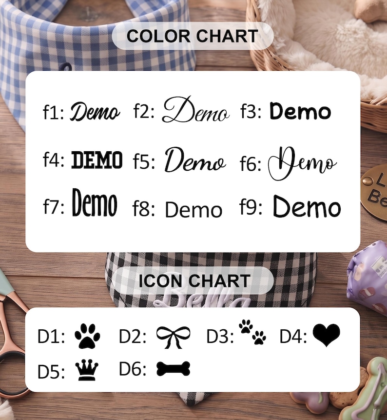 May include: A white rectangular chart displaying font options labeled f1 through f9 with the word Demo in various styles, and an icon chart labeled D1 through D6 featuring black symbols including a paw print, bow, heart, crown, and bone.