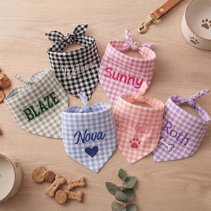 May include: Six triangular pet bandanas in various gingham patterns, each featuring embroidered names and symbols. Colors include black, pink, gray, blue, peach, and purple. The bandanas are tied at the top and display names like Wilson, Sunny, BLAZE, Nova, Heath, and Roth.