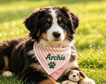 Personalised Embroidered Dog Bandana, Custom Paw Print Pet Name Bandana, Striped Pet Name Scarf, Dog Lover Gift, Pet Gift