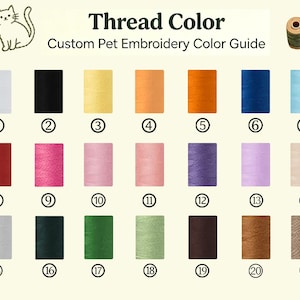 May include: A Thread Color Custom Pet Embroidery Color Guide chart featuring twenty-one numbered spools of embroidery thread in various colors, including white, black, yellow, orange, red, pink, purple, blue, green, brown, and gray shades.