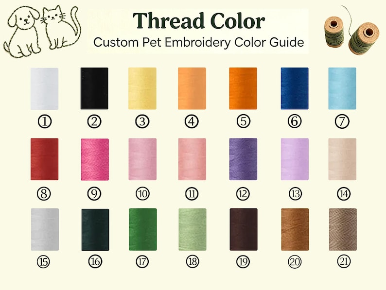 May include: A Thread Color Custom Pet Embroidery Color Guide chart featuring twenty-one numbered spools of embroidery thread in various colors, including white, black, yellow, orange, red, pink, purple, blue, green, brown, and gray shades.