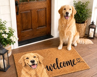 Personalized Pet Watercolor Portrait Doormat, Custom Dog Photo Welcome Mat, Cats Lover Housewarming Gift, Pets Owner Front Porch Coir Rug