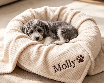 Gepersonaliseerde hondendeken, op maat geborduurde huisdierendeken met naam, zachte koraalfleece kattendeken, gepersonaliseerd cadeau voor hondenmoeder, cadeau voor pasgeboren puppy