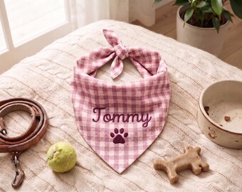 Custom Embroidered Cotton-Linen Dog Bandana: Paw Print Tribute Scarf, Personalized Pet Neckwear, Dog Lover Keepsake Gift