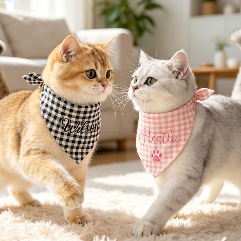 May include: Two cats wearing triangular pet bandanas. The golden cat wears a black and white gingham bandana embroidered with the name Wilson. The silver cat wears a pink and white gingham bandana embroidered with the name Heath and a paw print.