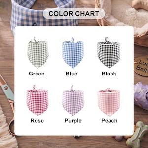 May include: A color chart displaying six triangular pet bandanas in a gingham check pattern. The colors are labeled as Green, Blue, Black, Rose, Purple, and Peach. Each bandana features a small knotted top section for attachment and a pointed bottom.