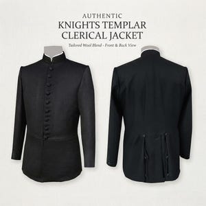 May include: A black Knights Templar clerical jacket in a wool blend, shown from the front and back. The front features a high collar and a vertical row of buttons. The back displays a tailored design with decorative buttons at the waist area.