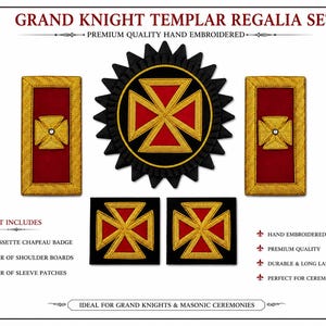 Pode incluir: Um conjunto de insígnias de Grande Cavaleiro Templário com um emblema de chapéu em roseta preta e dourada, um par de ombreiras retangulares vermelhas com bordados de cruz dourada e dois emblemas quadrados pretos para mangas com cruzes.