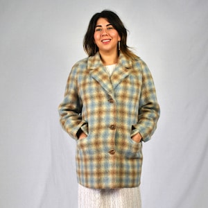 Mohair Checkered Plaid Coat / Vintage 1980s Slate Black