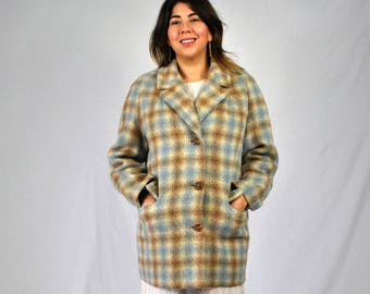 70s Plaid Coat / Plaid Wool Coat / Wool Jacket / Beige and Blue Coat / Plaid Mohair Jacket / Mohair Coat / Mod Winter Coat / Pastel Coat