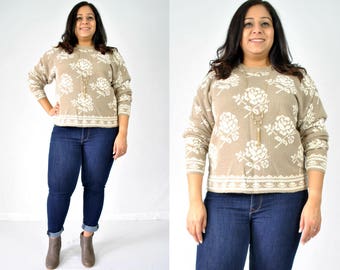 90er Beige BlumenPullover / Tan Floral Pullover / Beige Pullover / Crewneck Pullover / Weißer Floral Print Pullover / Floral Print Pullover /