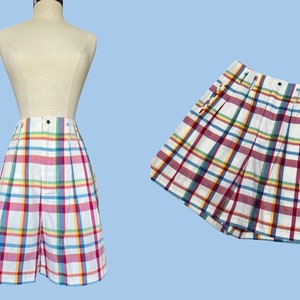 Plaid Shorts / Vintage Madras Shorts / Pleated Shorts / Walking Shorts / 90s Shorts / Cotton Shorts / High Waisted Shorts / M/L image 1