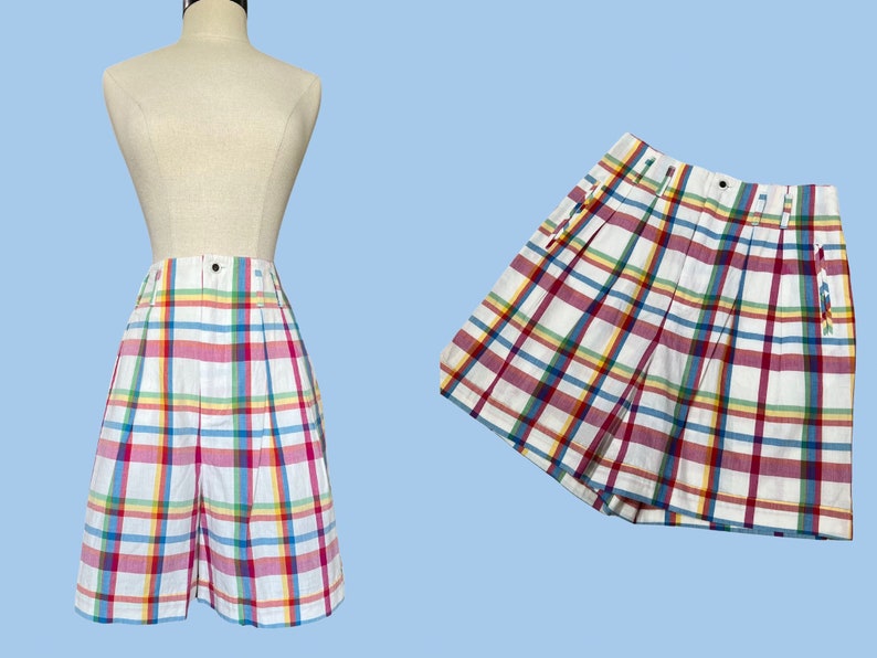 Plaid Shorts / Vintage Madras Shorts / Pleated Shorts / Walking Shorts / 90s Shorts / Cotton Shorts / High Waisted Shorts / M/L image 1