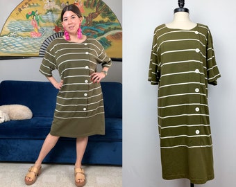 Green & White Striped Shift T-Shirt Vintage Plus Dress Size 14/16