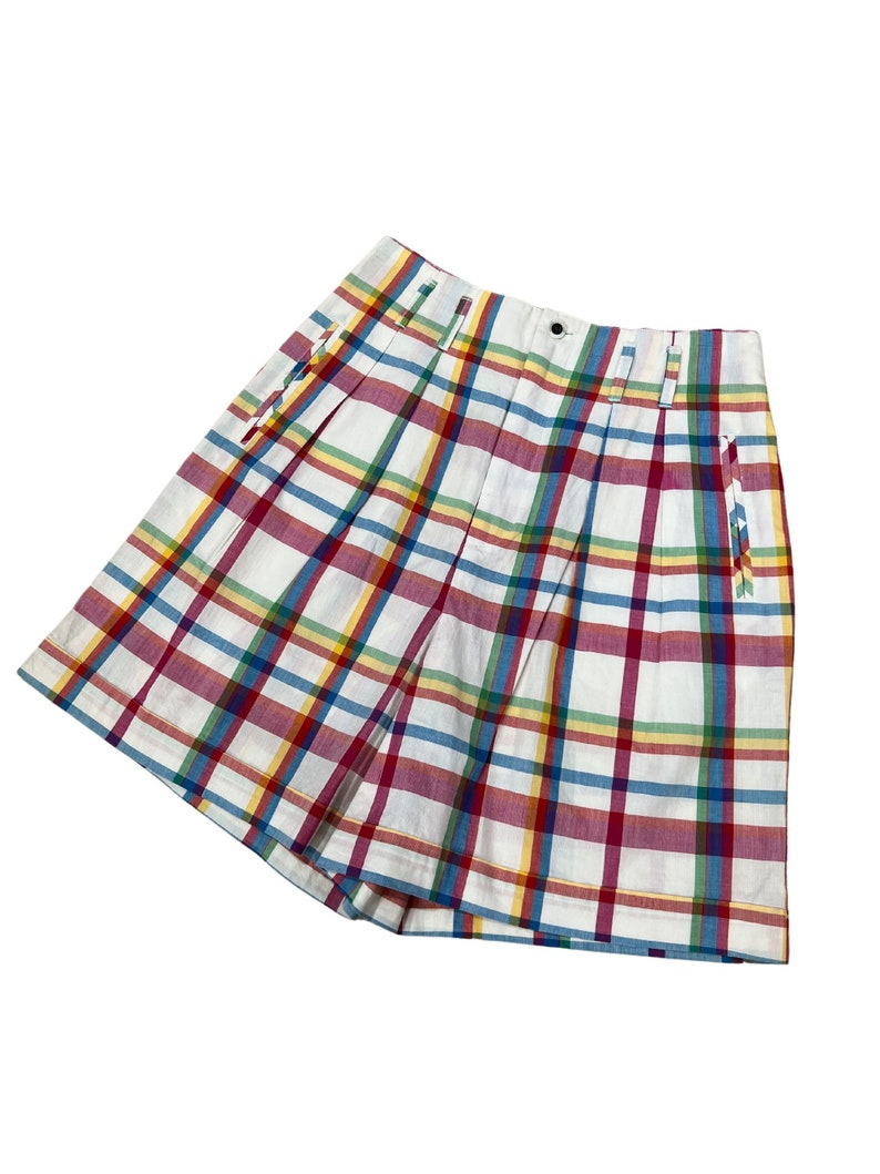 Plaid Shorts / Vintage Madras Shorts / Pleated Shorts / Walking Shorts / 90s Shorts / Cotton Shorts / High Waisted Shorts / M/L image 5