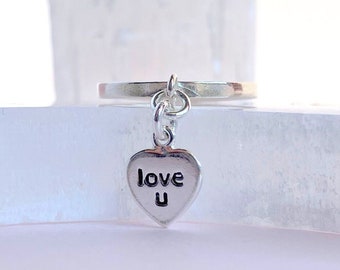 Sterling Silver Ring With Heart Charm, Love U Engraved Heart Charm, Heart Dangle Ring, Custom Personalization, Mothers Day Ring Size 5 6 7 8