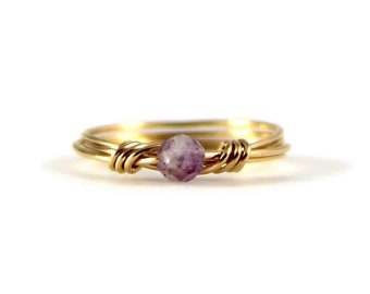 Purple Amethyst Wire Wrapped Ring, Sterling Silver or 14K Yellow Gold Filled, Dainty Round Faceted Gemstone Ring, Stacking Ring, Custom Size