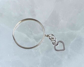 Sterling Silver Ring With Open Heart Charm, Heart Dangle Ring, Personalization Custom Made, Mothers Day Ring, Stacking Ring, Size 5 6 7 8