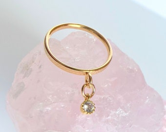 Gold Vermeil Ring With CZ Charm, Tiny Charm Ring, Personalization Custom Made, Minimalist Dangle Ring, Stacking Ring, Size 4 5 6 7 8