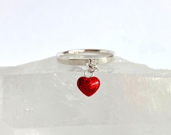 Sterling Silver Ring With Heart Charm, Red Resin Heart Charm, Heart Dangle Ring, Personalization Custom Made, Mothers Day, Size 5 6 7 8