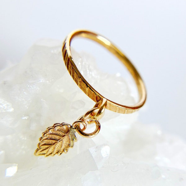 14K Gold Filled Ring With Leaf Charm, Dainty Leaf Charm, Personalization Custom Made, Dangle Leaf Charm Ring, Stacking Ring, Size 4 5 6 7 8