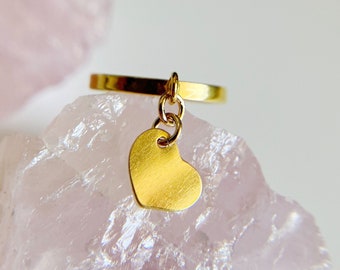 14k Gold Filled Ring With Heart Charm, Thin Gold Heart Charm, Heart Dangle Ring, Personalization Custom Made, Mothers Day Ring, Size 4 5 6 7