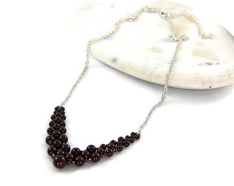 Dark Red Pearl Necklace, Burgundy Crystals, Graduated Wine Beads, Silver Chain, Woven Bead Weaving Bib Necklace, Lightweight Jewelry