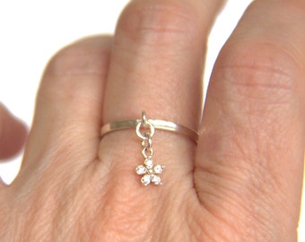 Sterling Silver Ring With Flower Charm, Crystal Birthstone Flower Charm, Personalization Custom Made, Daisy Dangle Ring, Size 5 6 7 8
