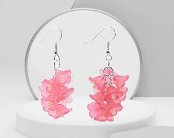 Pink Acrylic Earrings, Lucite Flower Earrings, Cascade Earrings, Sterling Silver Hypoallergenic Ear Wires, Nature Inspired Floral Earrings