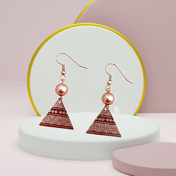 Rose Gold Crystal Pearl Earrings, Etched Triangle Earrings, Boho Tribal Tapestry Earrings, 14K Gold Filled Hypoallergenic Fishhook Earwire