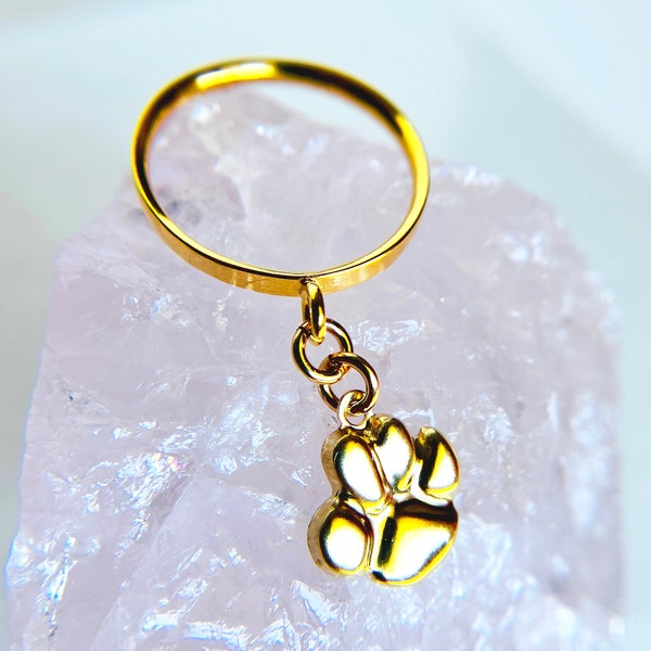 14K Gold Filled Ring With Puppy Paw Charm, Paw Print Charm, Personalization Custom Make, Cat Paw Dangle Ring, Half Puffy Paw, Size 4 5 6 7
