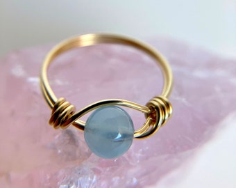 Blue Aquamarine Wire Wrapped Ring, Sterling Silver, 14k Yellow or Rose Gold Filled, Round Gemstone Ring, Stacking Ring, Custom Sized Ring